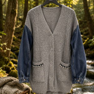 Strik Cardigan-lysegrå m/jeans ærmer - Janne K