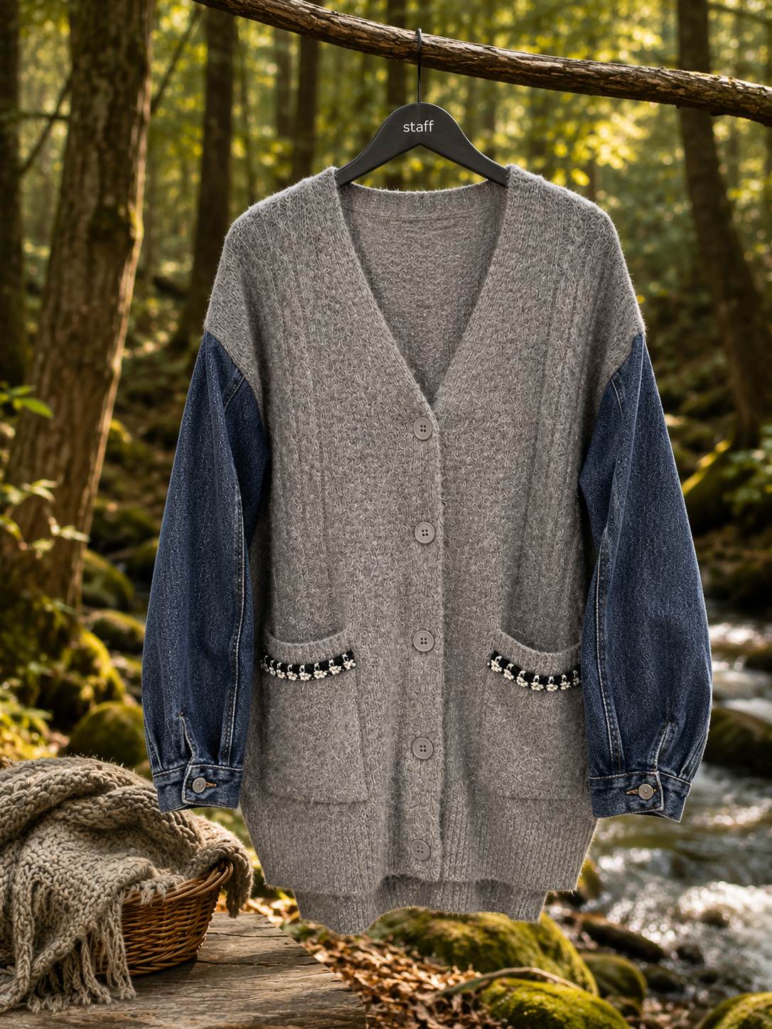 Strik Cardigan-lysegrå m/jeans ærmer - Janne K