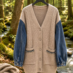 Strik Cardigan-natur m/jeans ærmer - Janne K