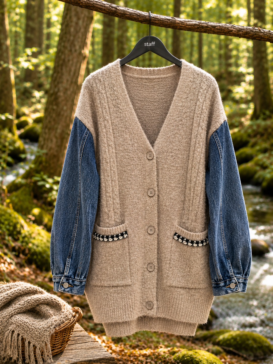 Strik Cardigan-natur m/jeans ærmer - Janne K