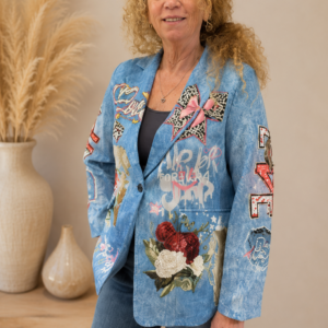 Blazerjakke i blå med Love print - Janne K