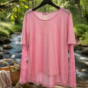 Lyserød bluse m/blonde ærmer - Janne K