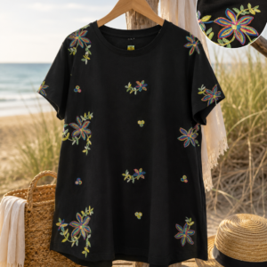 Sort T-shirt med blomster broderier - Janne K