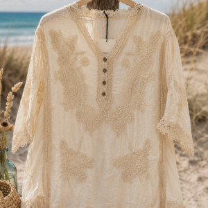 Blonde Bomuldsbluse med hækleri/ Creme/ Helle - Janne K