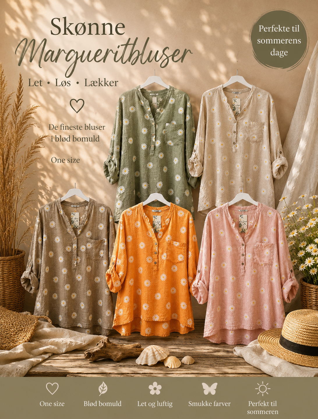 Bomuldsbluse m/Margueritter i 5 farver - Janne K