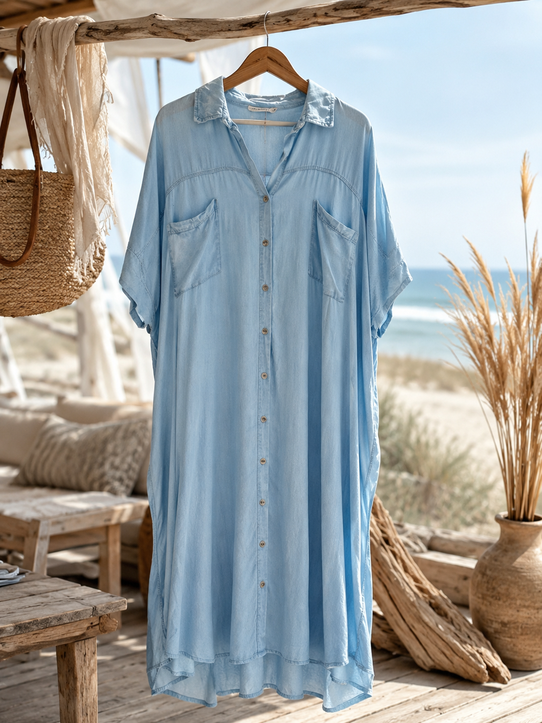 Lang gennemknappet denim kjole/lys - Janne K
