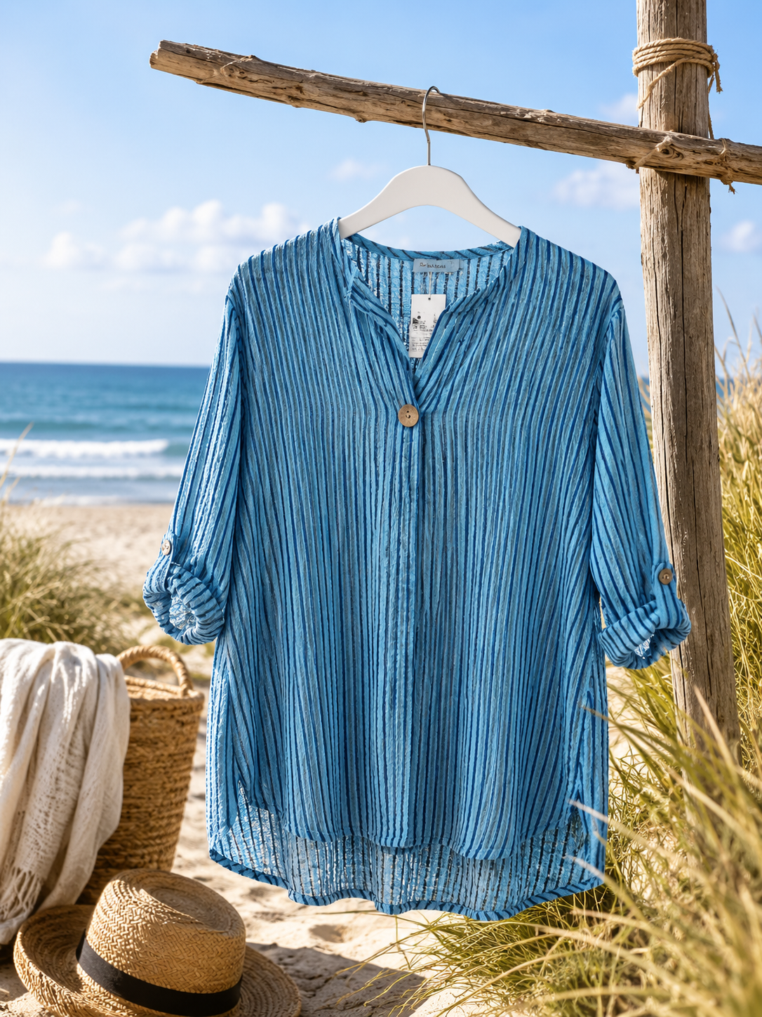 Stribet Bomuldsbluse m/ kokosknap - Janne K