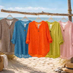 Stribet Bomuldsbluse m/ kokosknap - Janne K