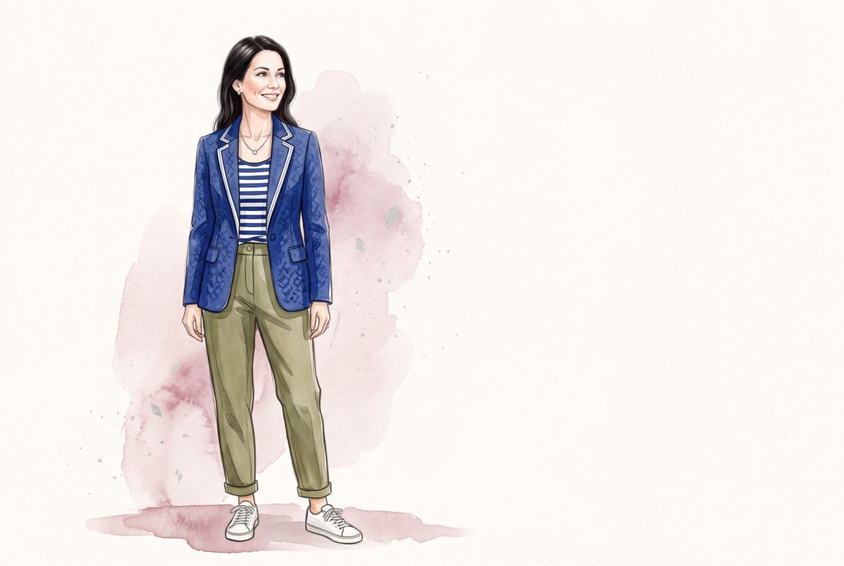 Illustration af kvinde i kongeblå og bærfarver med sølvsmykker