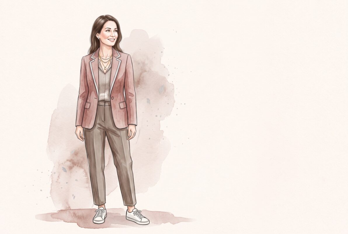 Illustration af kvinde i støvet rosa og taupe med guld- og sølvsmykker