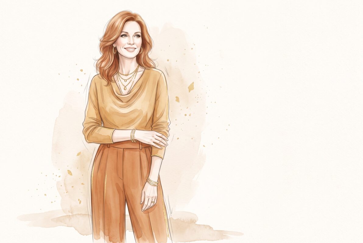 Illustration af kvinde i camel og terracotta med guldsmykker